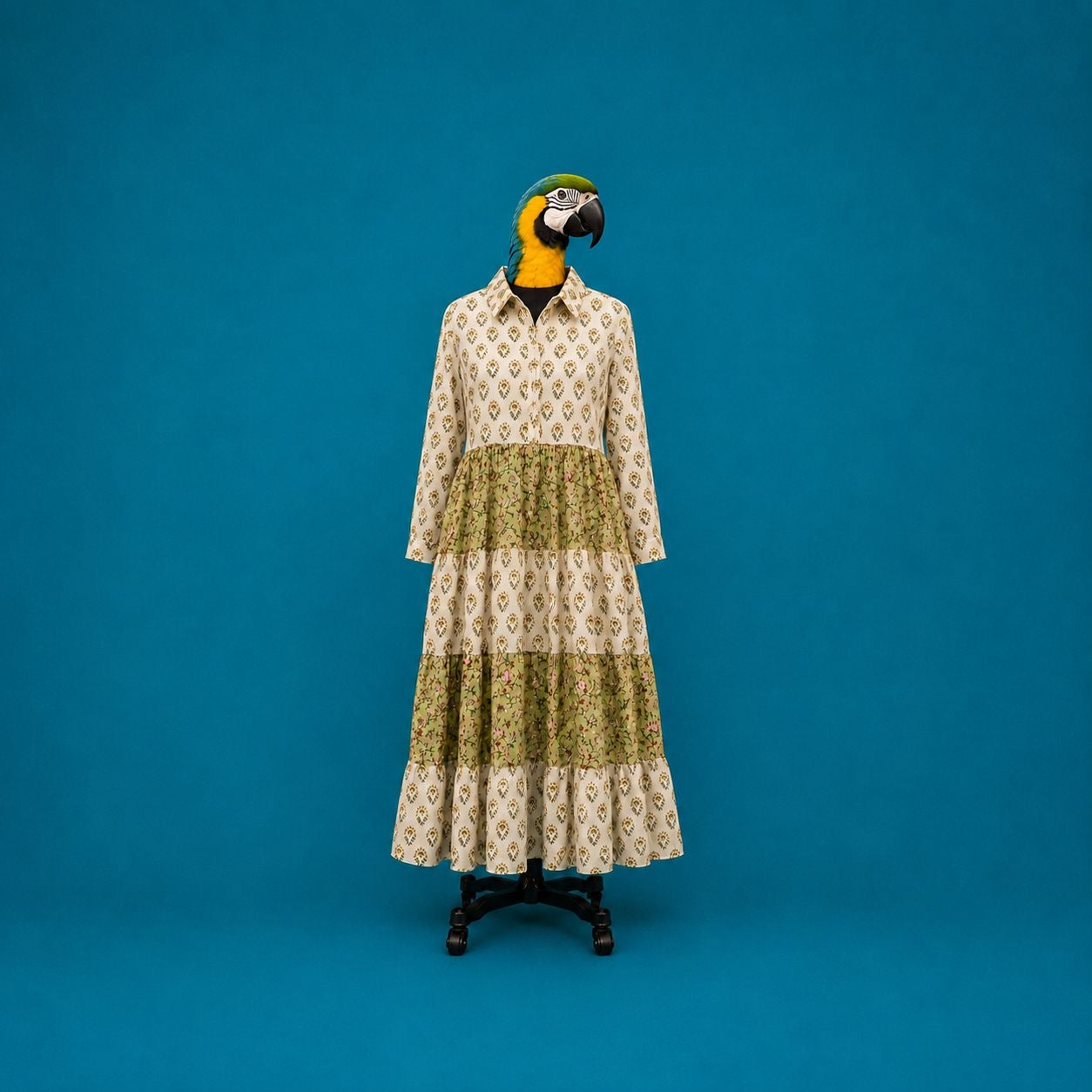 Olive Block Print Tiered Maxi Dress