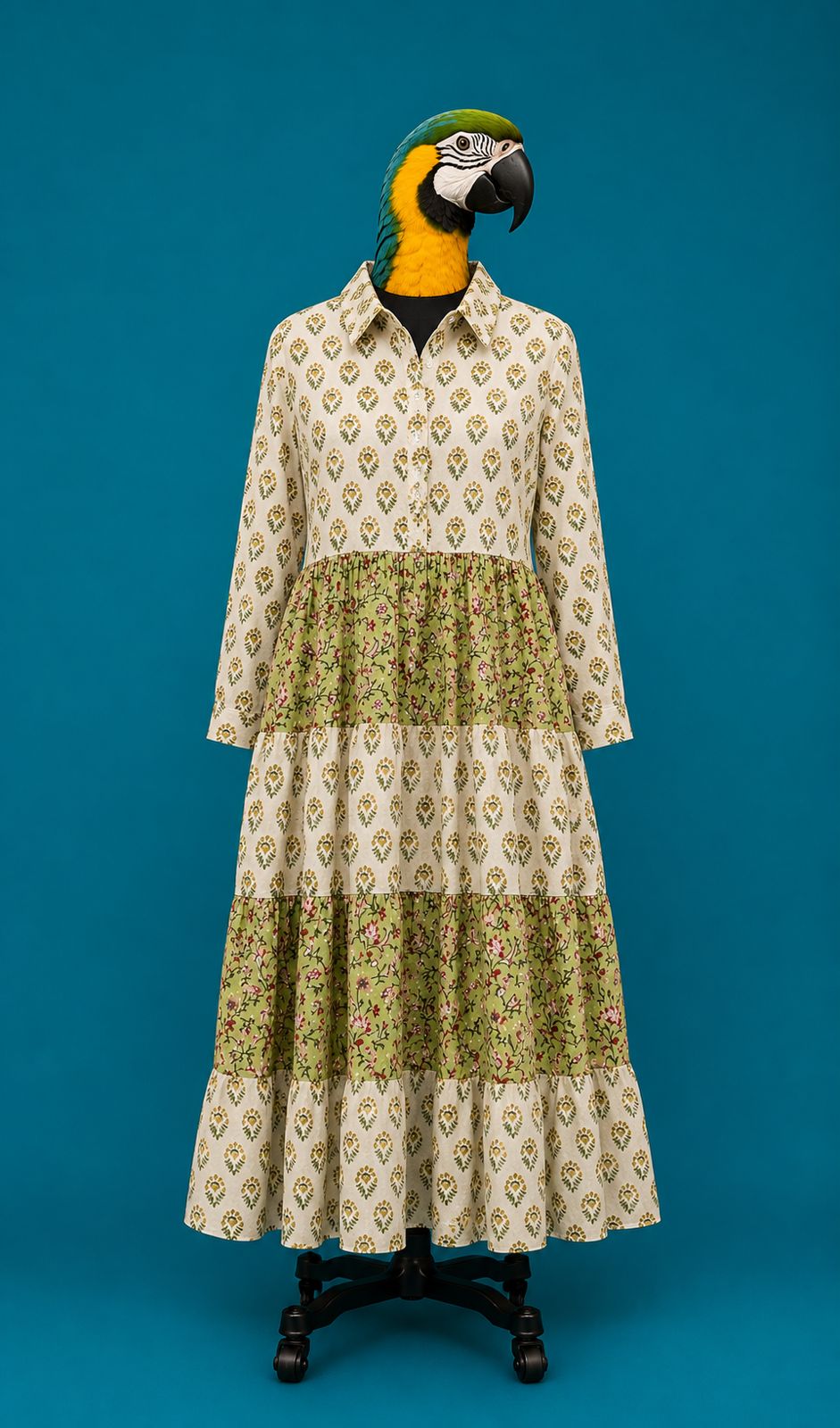 Olive Block Print Tiered Maxi Dress